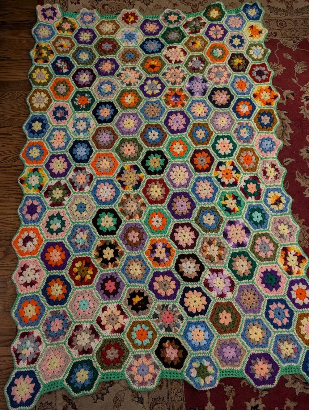 Vintage Granny Afghan handmade crochet African flower hexagon blanket Multicolor